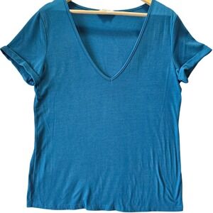 Beyove Womens Large Teal Blue Deep V Neck Short Sleeve T-Shirt